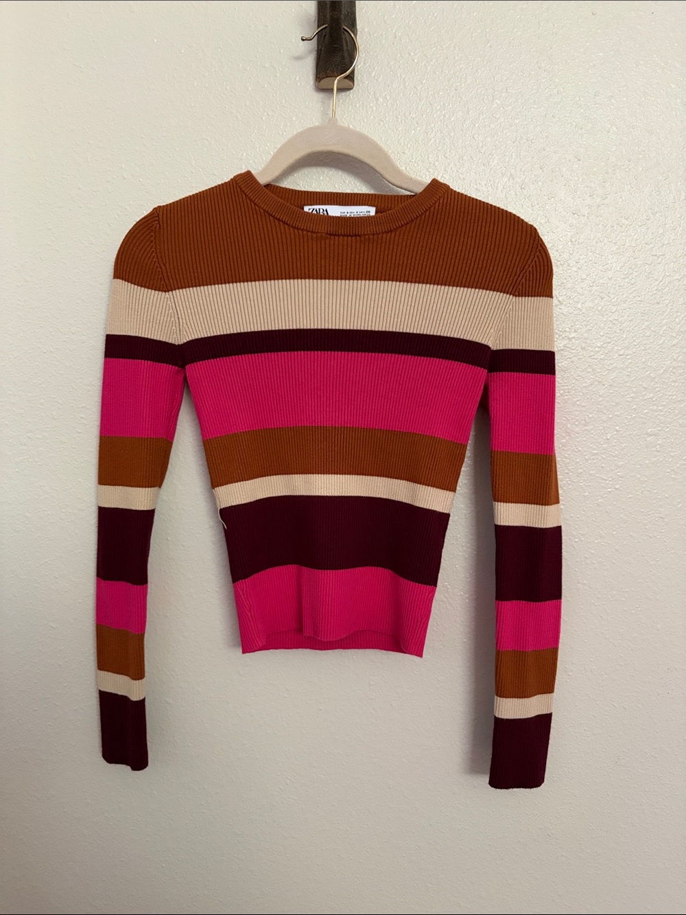 Zara Pink & Brown Striped Ribbed Long-Sleeve Top - Size Small